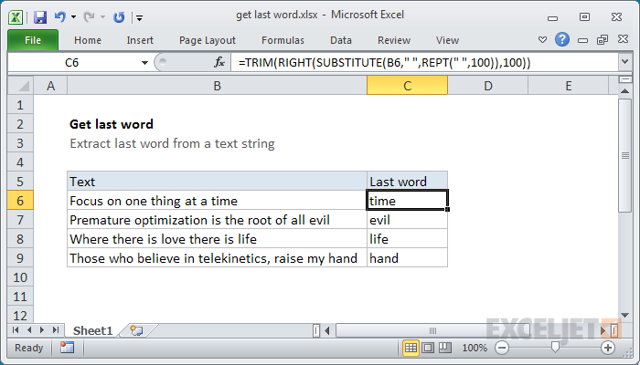 Excel Function To Get Last Word From Sentence In Another Cell